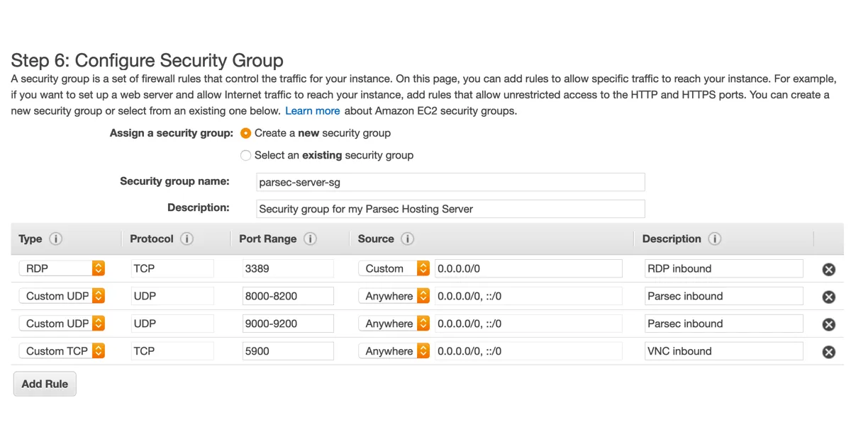 Parsec Host Server security group