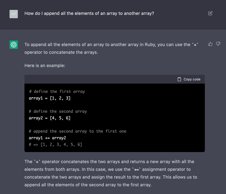 ChatGPT on how to concatenate 2 arrays