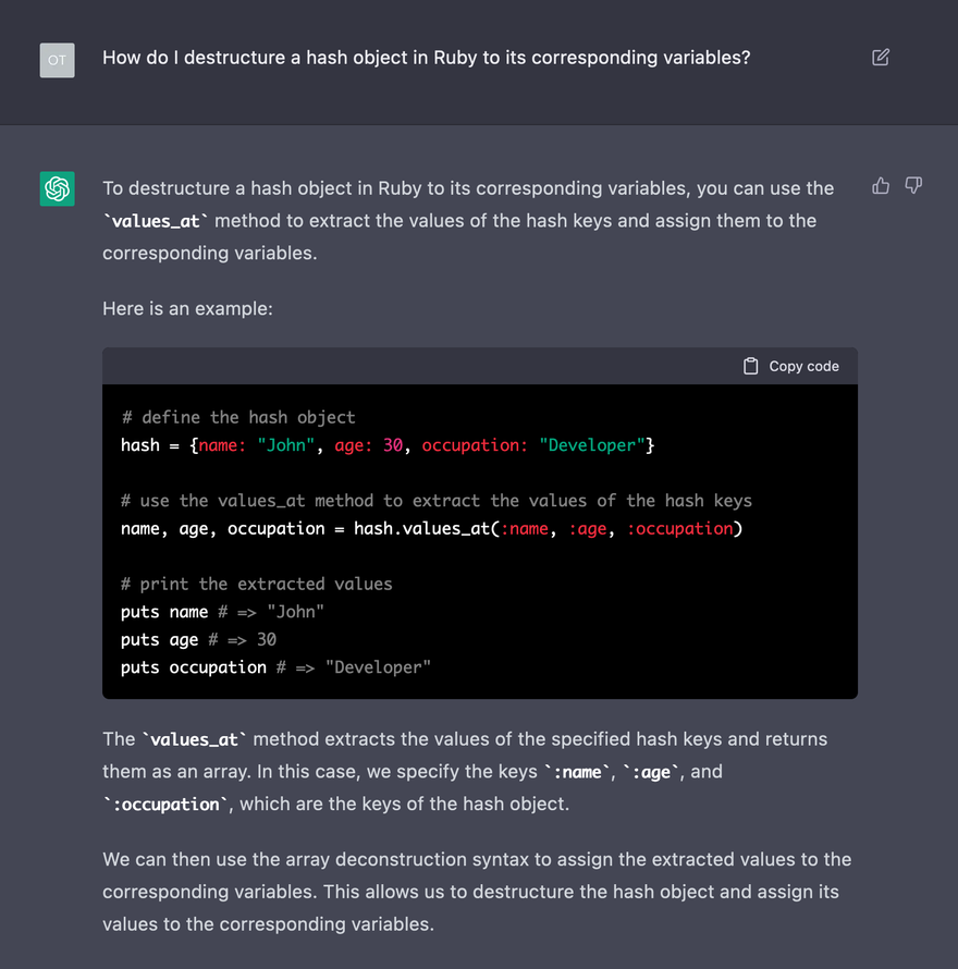 ChatGPT on how to destructure a hash into specific variables