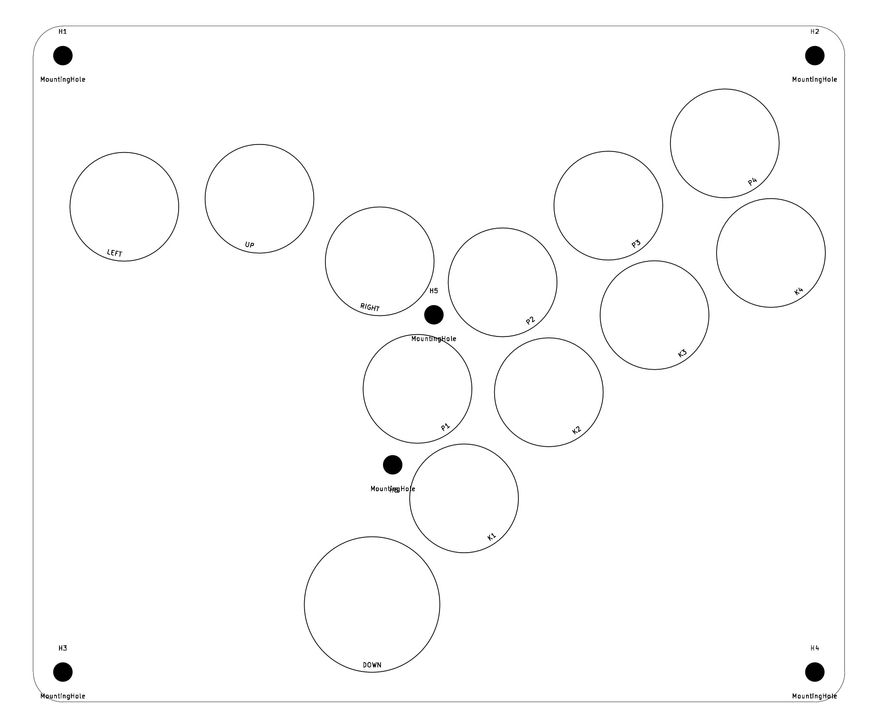 A photo of a fightstick layout, with buttons extremely angled towards the inside.