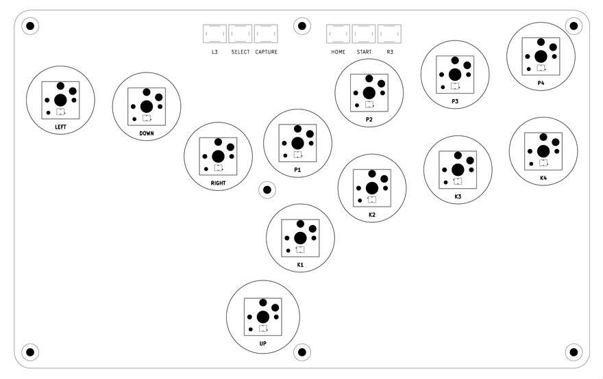 A photo of a fightstick layout, with buttons in a more standard arrangement, with a slight tilt to the inside.