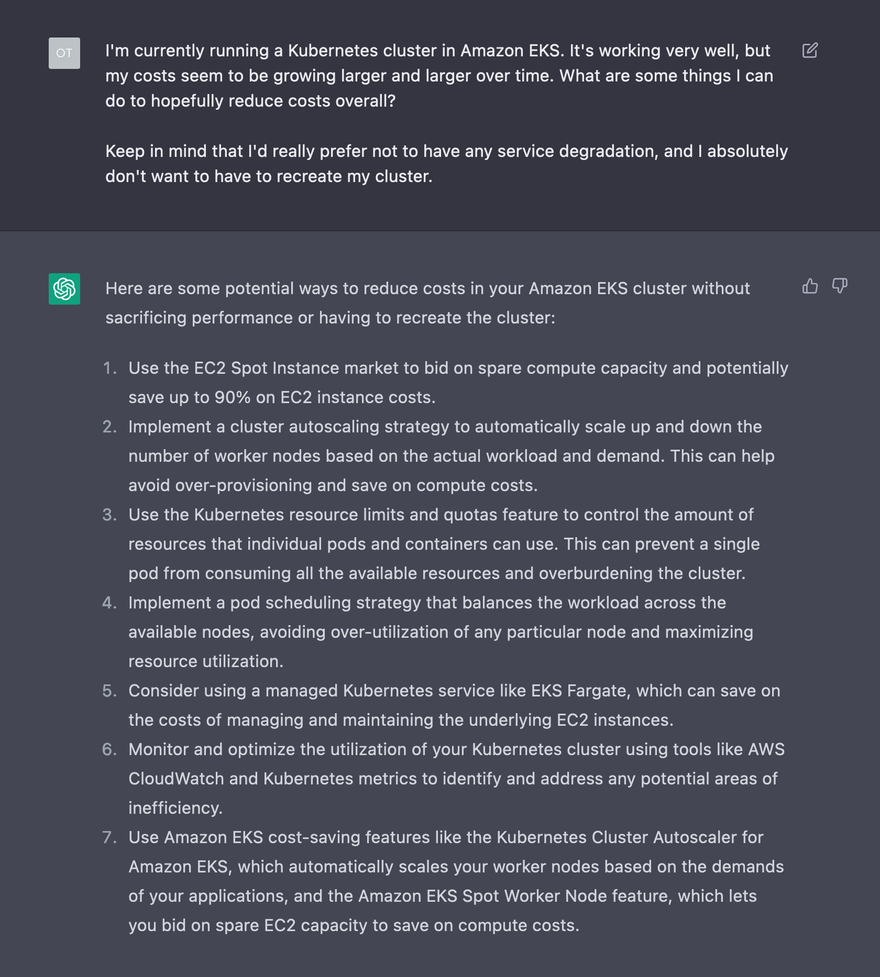 ChatGPT on how to optimize Amazon EKS cluster costs