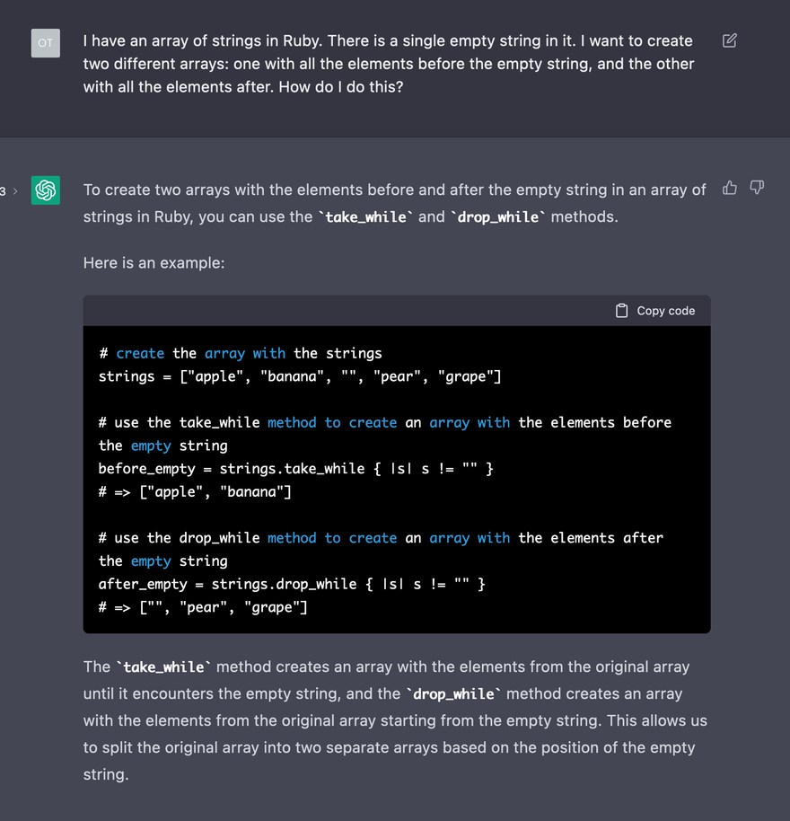 ChatGPT on how to split an array