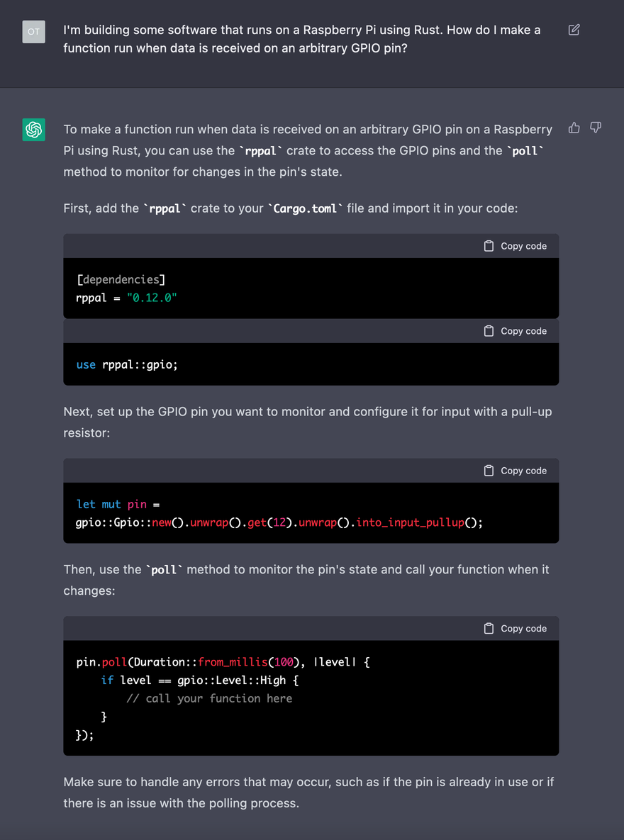 ChatGPT explaining how to run a function in response to a change in a GPIO pin state in a Raspberry Pi using Rust